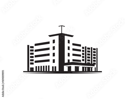 Silhouette icon of a multistory building with a cross on top