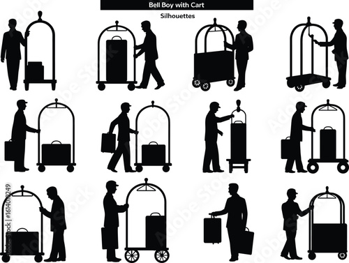 Bell boy with luggage cart silhouettes, hotel porter icons, staff service vector, hospitality transport, bellhop pushing trolley, suitcase illustrations