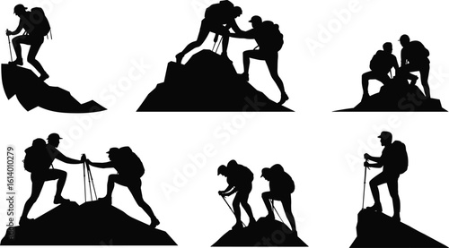 Silhouettes of hikers and climbers helping each other, teamwork mountain trekking scene, adventure hiking illustration with backpack and poles