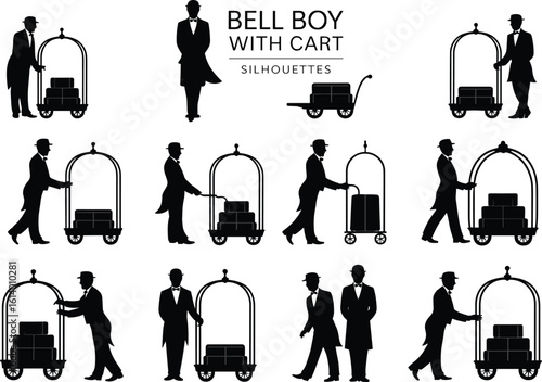Bell boy silhouettes with luggage cart, hotel service staff icon, hospitality porter clipart, uniformed concierge worker pushing trolley