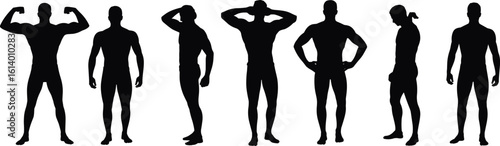 Silhouettes of muscular male bodybuilders posing in various stances, fitness strength training concept, gym workout male figure illustration