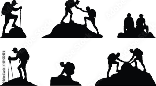 Hiking silhouettes, mountain climbing teamwork, trekking couple with backpacks, outdoor nature adventure, helping hand, hikers exploring, summit journey vector