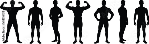 Male bodybuilder silhouettes, muscular poses, fitness figure collection, flexing muscles, strong man body, gym training concept, vector isolated set