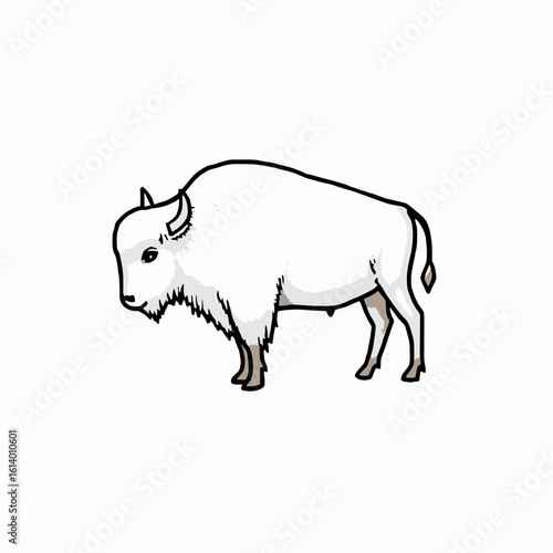 Bison grazing calmly in a minimalistic illustration, black and white, copy space for text