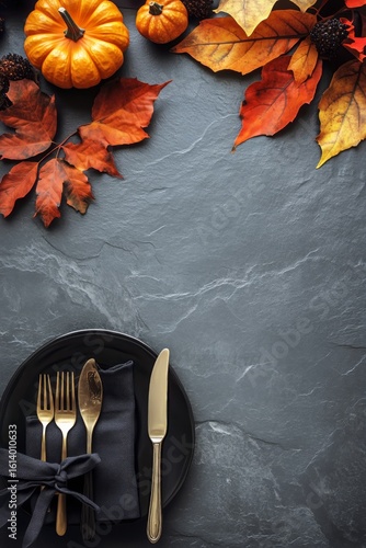 Festive Autumn Table Setting With Pumpkins and Colorful Leaves for a Seasonal...