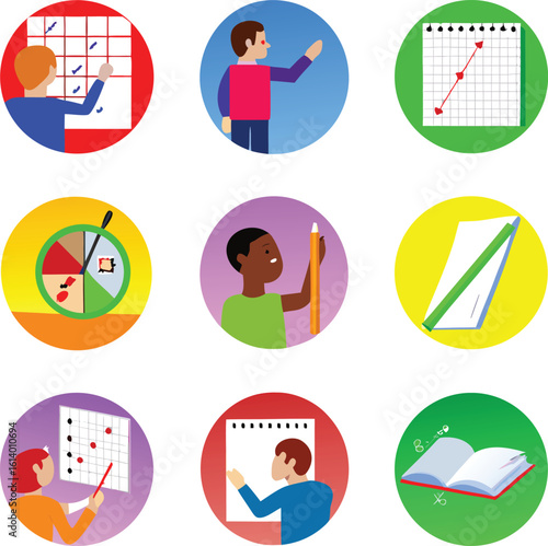 Flat icons of people using educational and planning tools in colorful circular frames with charts notebooks and pencils
