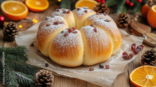 Festive Sweet Bread With Raisins and Powdered Sugar on Wooden Table During Ho...