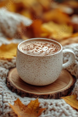 Cozy Cup of Hot Beverage Surrounded by Autumn Leaves on a Soft Blanket