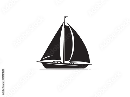 Black and white sailboat illustration, nautical vessel on water with a single mast