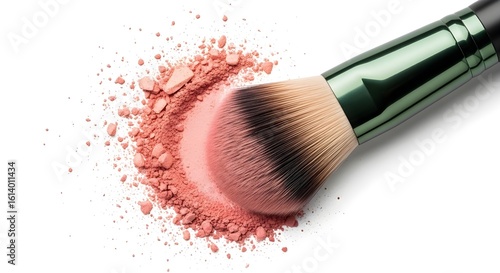 Makeup Brush with Crushed Powder Blush on White Background – Beauty Product Concept