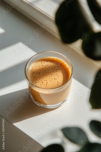 Warm Cup of Coffee on a Sunny Windowsill With Soft Shadows in the Background.