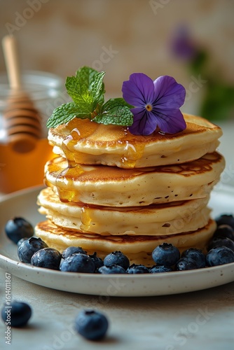 Stack of Fluffy Pancakes Topped With Blueberries and Syrup on a Rustic Table.
