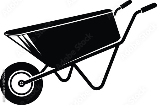 Wheelbarrow silhouette drawing, garden tool line art, construction cart vector, minimal equipment icon, farming illustration design