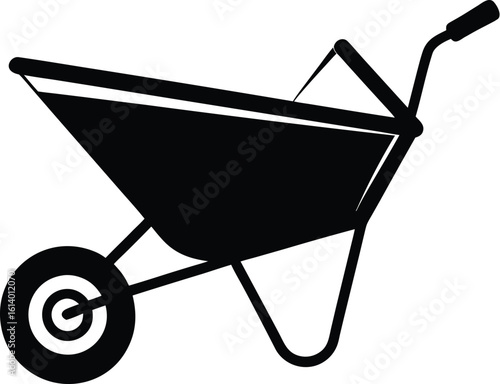 Wheelbarrow silhouette drawing, garden tool line art, construction cart vector, minimal equipment icon, farming illustration design