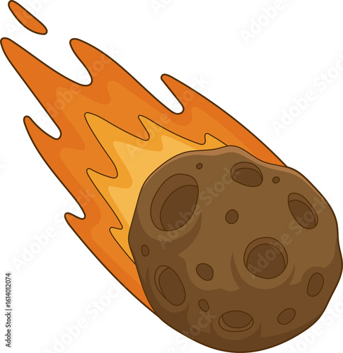 Cartoon meteorite burning and traveling through space on a black background.