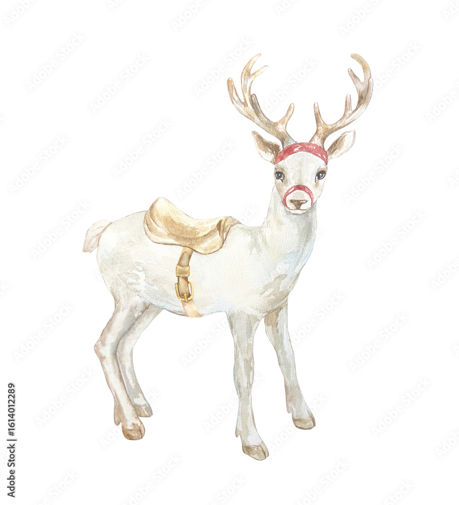 Obraz premium Christmas white Santa Claus reindeer with saddle. Hand drawn watercolor pastel animal illustration isolated on white. New Year clip art in Scandinavian style.