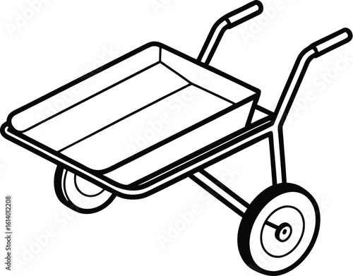 Wheelbarrow silhouette drawing, garden tool line art, construction cart vector, minimal equipment icon, farming illustration design
