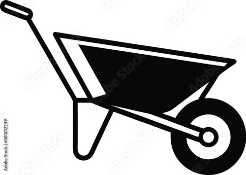 Wheelbarrow silhouette drawing, garden tool line art, construction cart vector, minimal equipment icon, farming illustration design