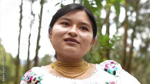 Indigenous woman speaking in slow motion in nature