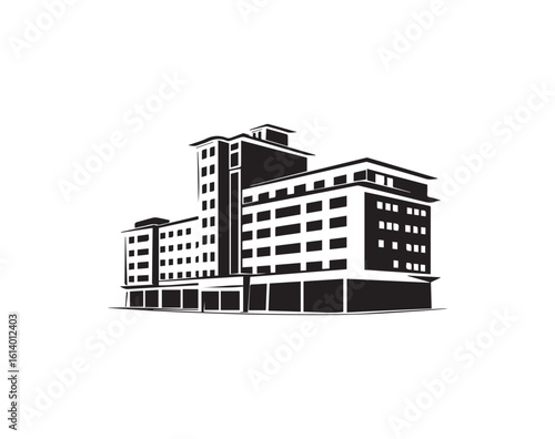 Minimalist black and white illustration of a multistory building facade on white