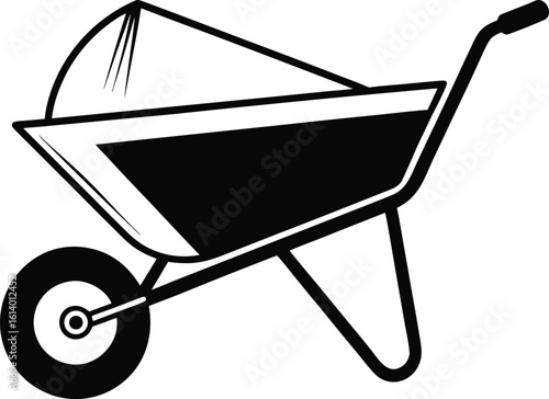 Wheelbarrow silhouette drawing, garden tool line art, construction cart vector, minimal equipment icon, farming illustration design