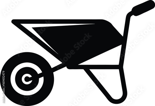Wheelbarrow silhouette drawing, garden tool line art, construction cart vector, minimal equipment icon, farming illustration design