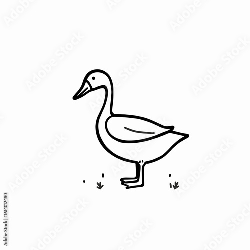 Duck standing calmly on the grass in a simple illustration, black and white, copy space for text
