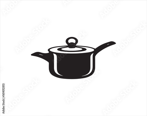 Black icon illustration of a lidded gravy boat with white background