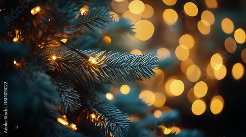 Bright Lights Illuminate a Christmas Tree Branch During the Holiday Season at...