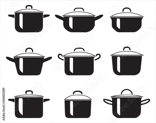 Collection of nine black saucepan icons, various styles, kitchenware design elements on white