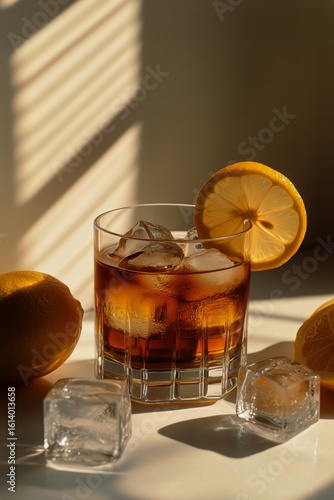 Refreshing Cocktail With Lemon and Ice in a Stylish Glass on a Sunlit Surface.