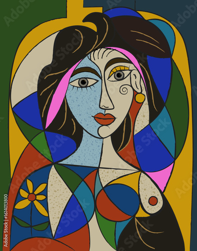 Surreal colorful portrait of a woman. Bright geometric shapes and dark contours. Printed poster with black contour lines and color spots. Abstract face.
