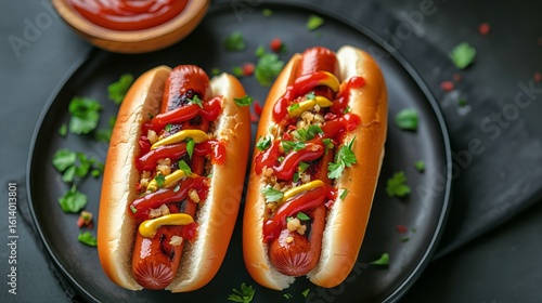 Delicious Hot Dogs Topped With Relish and Sauces Served on a Black Plate