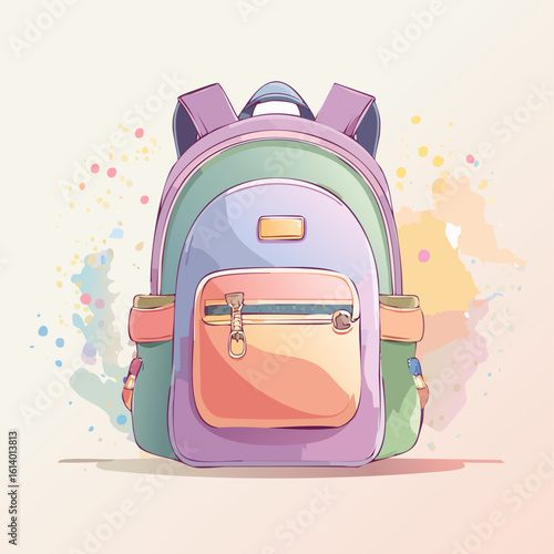 Colorful pastel school backpack illustration with purple, green, and orange details.