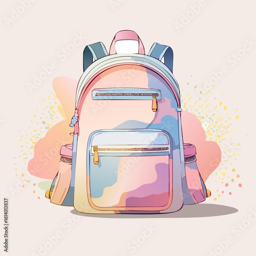 Stylish pastel watercolor backpack illustration with multiple pockets and gold zippers.