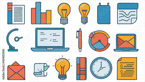 Collection of Office Themed Vector Icons Depicting Business Related Activities Such as Emailing, Planning, Data Analysis and Generation of New Ideas for Enhanced Productivity