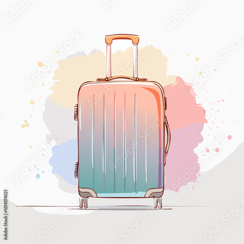Artistic illustration of a gradient-colored rolling travel suitcase with an extended handle.