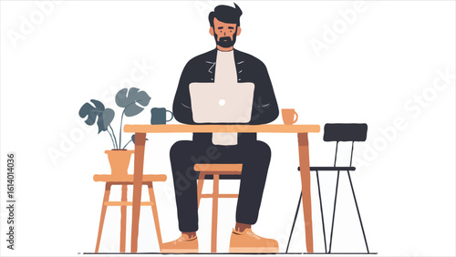 Illustration of a Man Working at a Desk with a Laptop, with a Plant and Mugs Around, in a Simple and Clean Cartoon Style