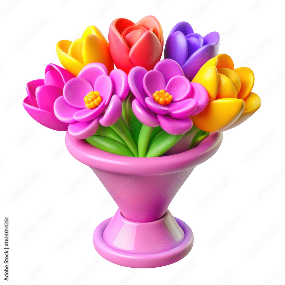 Obraz premium 3d bouquet of colorful flowers in a pink vase isolated on transparent background