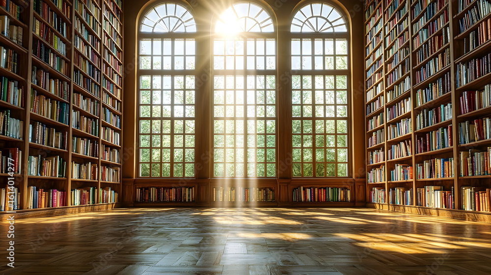 Obraz premium Sunlight streams into a grand library, showcasing rows of bookshelves filled with various volumes. Wooden floors and arched windows are prominent features
