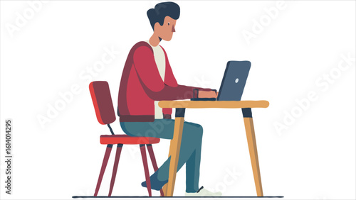 A Person Working on Laptop Computer Sitting at Desk. Remote Work and Online Education Concept. Modern Lifestyle, Distance Learning, Working from Home or Freelance