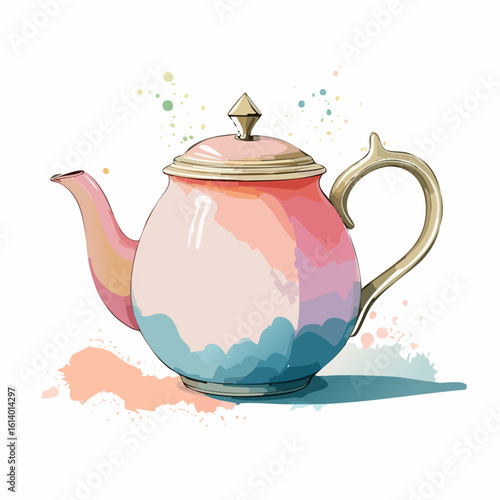 Elegant watercolor teapot with a round body, pastel pink and blue hues, and a golden handle and finial.