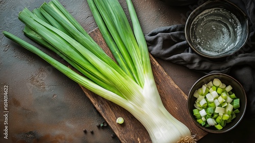 Fresh Leeks and Sliced Green Onions on a Wooden Board With Sea Salt and Herbs.