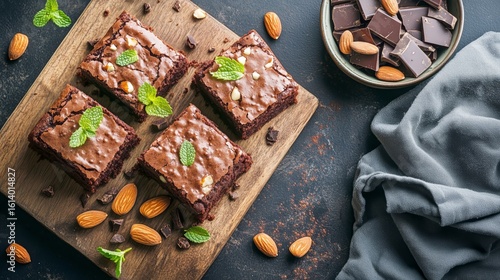 Delicious Homemade Chocolate Brownies With Nuts and Mint Leaves Served on a W...