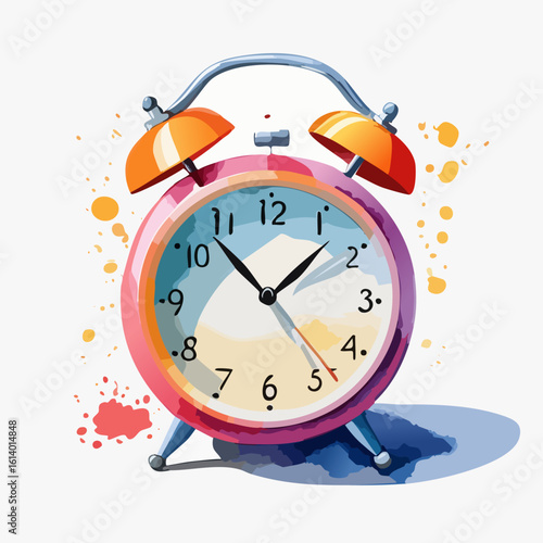 A vibrant watercolor illustration of a classic pink twin-bell alarm clock with orange bells and artistic paint splatters.