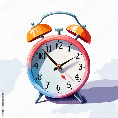 Vibrant watercolor illustration of a retro twin-bell alarm clock with a red frame and orange bells.
