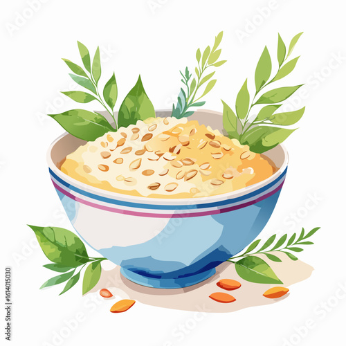 Healthy breakfast oatmeal in a blue striped bowl, garnished with fresh herbs and seeds.