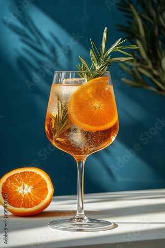 Bright Cocktail With Orange Slice and Rosemary Garnish on a Marble Table in A...