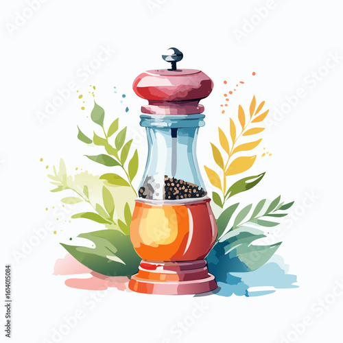 Vibrant watercolor illustration of a classic pepper mill with a red top and glass body filled with black peppercorns.