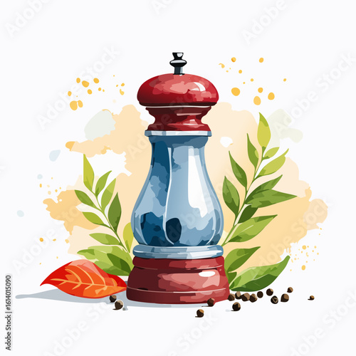 Stylish watercolor illustration of a pepper mill with a red top, blue glass body, and scattered black peppercorns.